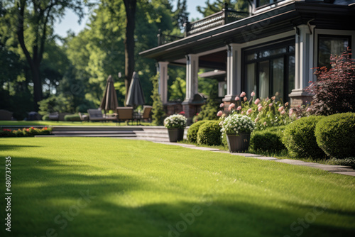 The pristine appearance of a manicured lawn, showcasing the meticulous care and attention devoted to outdoor cleanliness. Concept of well-groomed landscaping. Generative Ai.