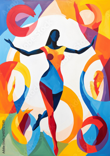 Beautiful female figure dancing in colourful background  painted in expressive loose painterly gouache and oil paint