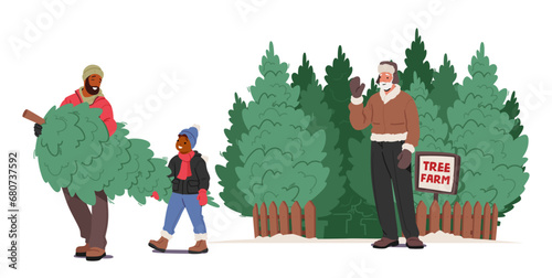 Characters Buying Spruces at Picturesque Christmas Tree Farm With Rows Of Evergreen Trees. Vector Illustration