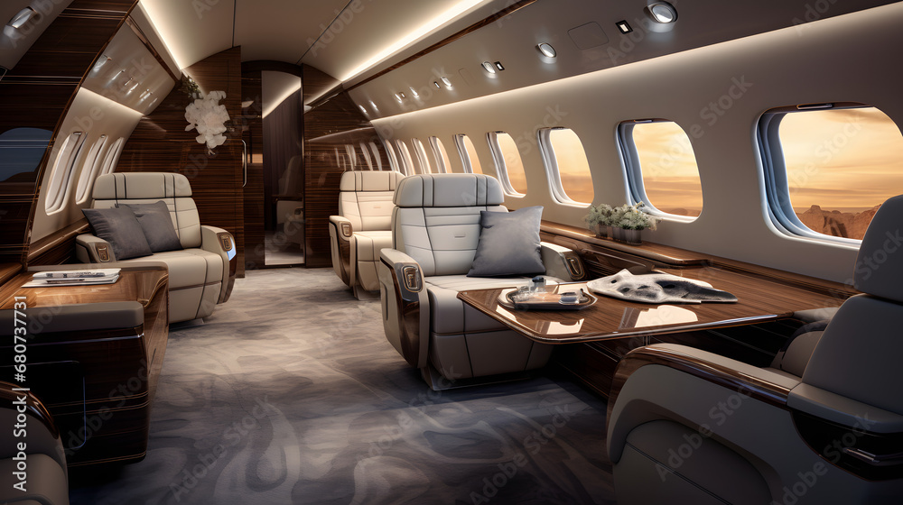 Luxurious private jet interior with plush seating