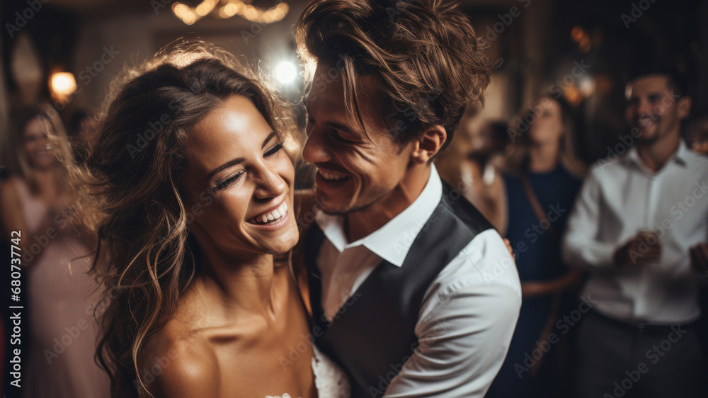 A newlywed couple sharing a cheerful dance at their wedding reception, capturing the happiness of love and commitment. Concept of marriage and celebration. Generative Ai. A newlywed couple sharing a cheerful dance at their wedding reception, capturing the happiness of love and commitment. Concept of marriage and celebration. Generative Ai.