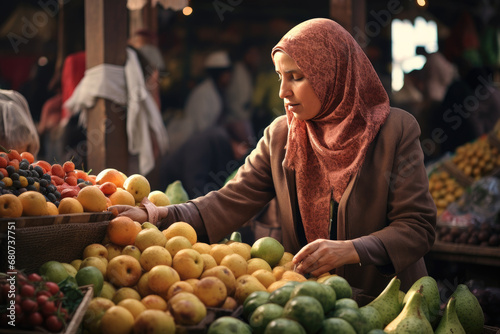 Arab woman selling fruit in an outdoor market. AI generative. photo