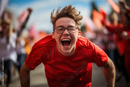 A person with disabilities participating in a sports event, flashing a triumphant smile as they cross the finish line, highlighting the joy of overcoming challenges.  Generative Ai.