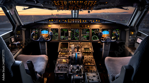 Modern airplane cockpit with advanced flight controls