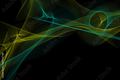 Futuristic lines background with blue and yellow wavy lines on black backdrop