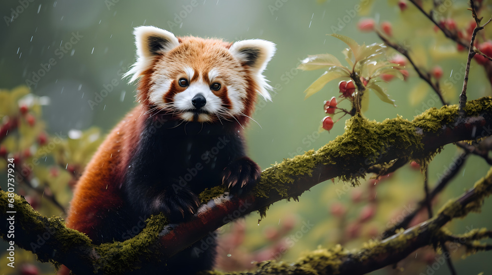 Fototapeta premium Red panda in tree amidst misty Nepalese forests