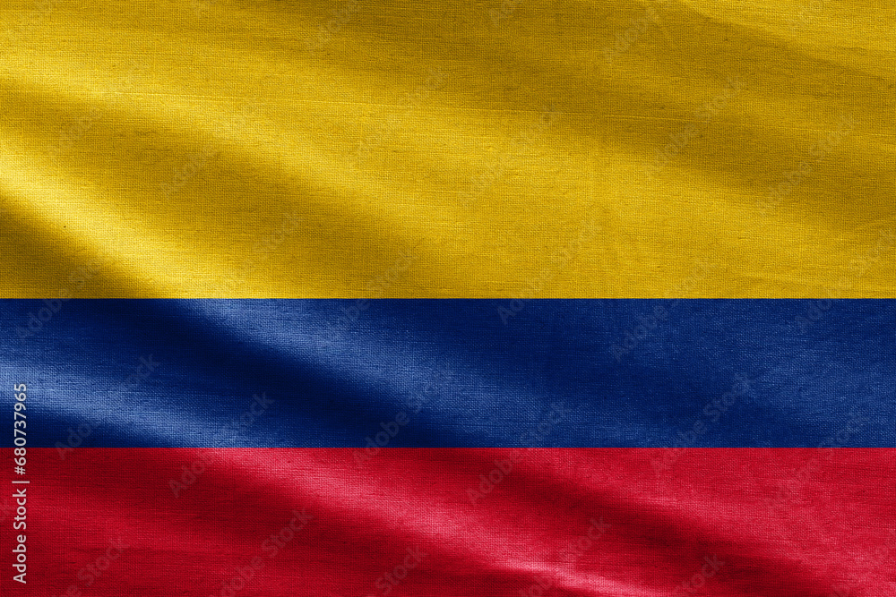 National Flag of Colombia - Rectangular Shape. Colombia flag - realistic waving fabric flag. Colombia Fabric texture of the flag of Colombia.