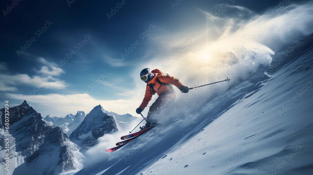 Skier in high-speed descent on steep snow-covered mountain