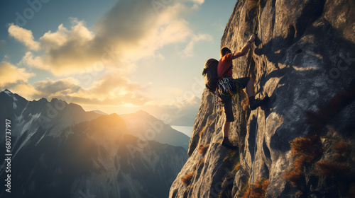 Rock climber scaling sheer cliff face without ropes