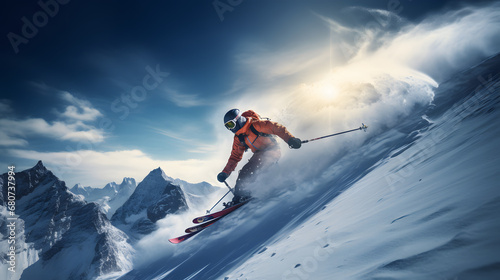 Skier in high-speed descent on steep snow-covered mountain © Matthias