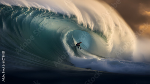 Surfer on massive, towering ocean wave © Matthias