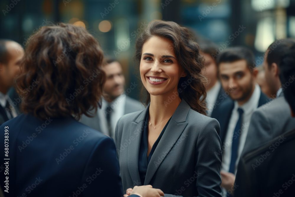 A female manager joyfully greets her international clients, emphasizing the importance of global business relations. Concept of multicultural collaboration. Generative Ai. A female manager joyfully greets her international clients, emphasizing the importance of global business relations. Concept of multicultural collaboration. Generative Ai.