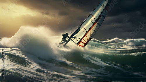 Windsurfer catching high winds and waves, stunning sea setting © Matthias