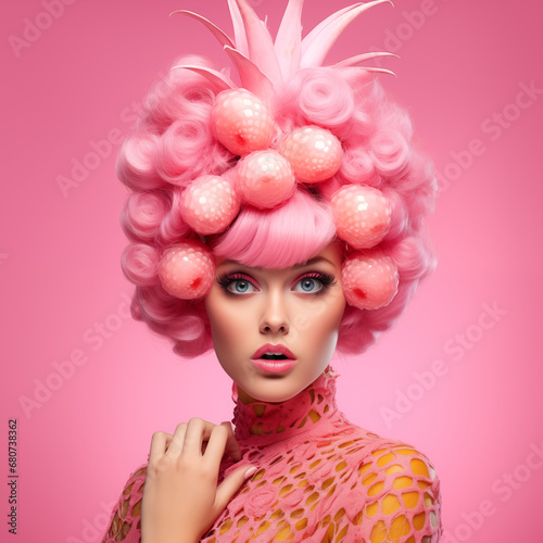 Pink pineapple lady, feminine, fashionable, gentle,pink lady with pineapple,minimalistic creative concept