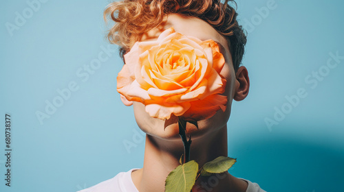An abstract portrait of a man who has a huge flower instead of a face. Vintage illustration #680738377