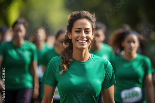 A delighted executive showcases a vibrant smile while participating in a charity run, promoting corporate social responsibility. Concept of philanthropy and community engagement. Generative Ai.