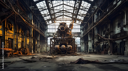 Deserted factory with rusting machinery and broken windows photo
