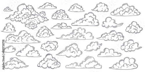 Set Of Sketch Fluffy White Clouds Drifting In Sky, Forming Various Shapes And Sizes, Creating Picturesque Scene