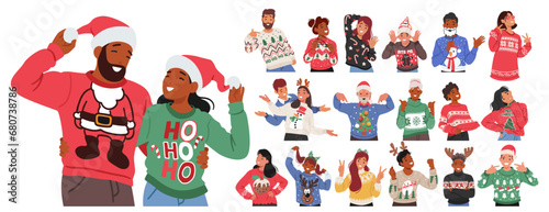 Festive Characters Donning Christmas Sweaters Adorned With Jolly Designs And Vibrant Colors, Spreading Holiday Cheer photo
