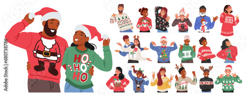 Festive Characters Donning Christmas Sweaters Adorned With Jolly Designs And Vibrant Colors, Spreading Holiday Cheer