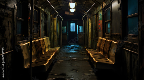 Eerie view of abandoned subway car in dark tunnel