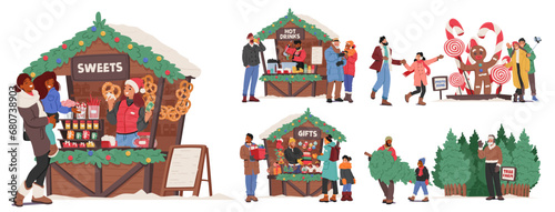 Families Gather At A Festive Christmas Fair, Exploring Charming Stalls Adorned With Twinkling Lights, Selling Crafts
