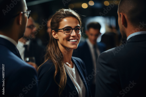 A businesswoman laughs heartily while sharing a light moment with her colleagues during a break at an industry conference. Concept of networking and camaraderie. Generative Ai. © Sebastian