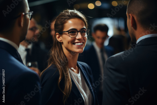 A businesswoman laughs heartily while sharing a light moment with her colleagues during a break at an industry conference. Concept of networking and camaraderie. Generative Ai.