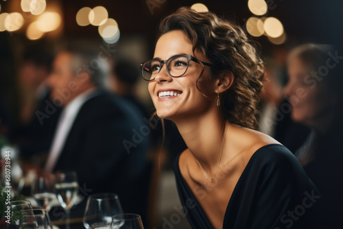 A CEO radiates happiness while attending an industry gala, acknowledging the strength of her business network and relationships. Generative Ai.