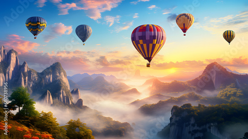 Hot air balloons floating at dawn over picturesque landscape