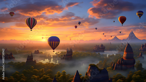 Hot air balloons floating at dawn over picturesque landscape