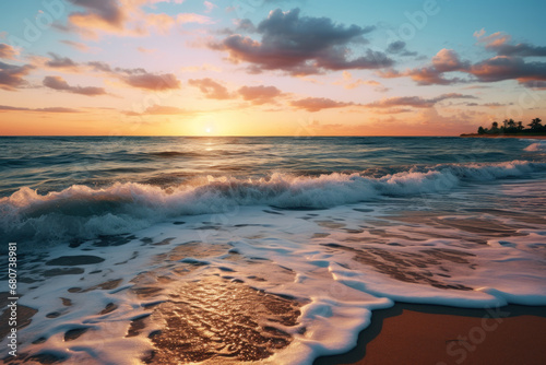 A serene beach at sunset, with waves gently lapping the shore. Concept of relaxation and coastal beauty. Generative Ai.