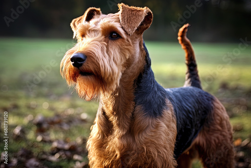 Portrait of Welsh Terrier on a nature close up cropped photo. Ai art