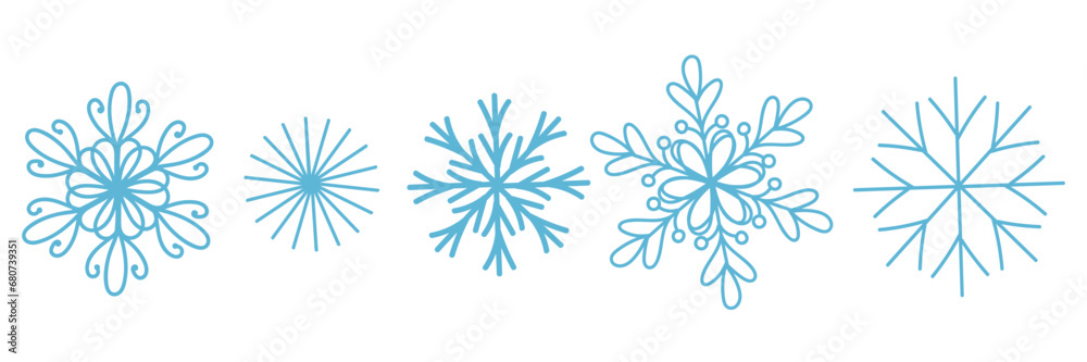 snowflakes in doodle style for winter design. Vector illustration. Collection hand drawn snowflakes isolated on whit background. Snowflake icon painted