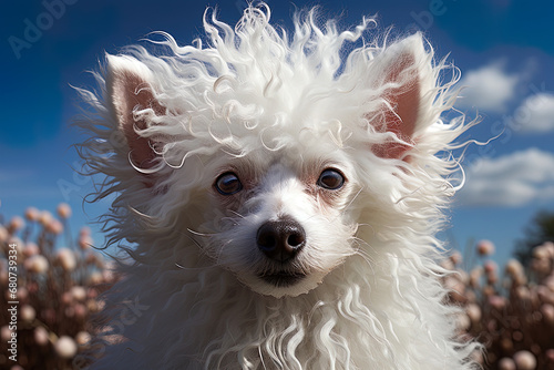 Portrait of white poodle, close up photo, studio photo. Ai art photo