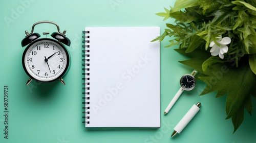 UPCOMING EVENTS is written in a notebook next to a green plant and a white alarm clock, which stands on colorful diaries.  photo