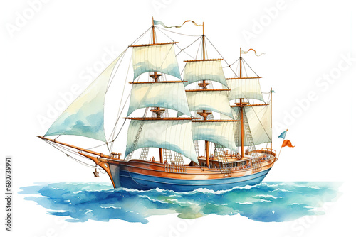 Trip on the sea by sailboat, travel concept, watercolor illustration generative AI