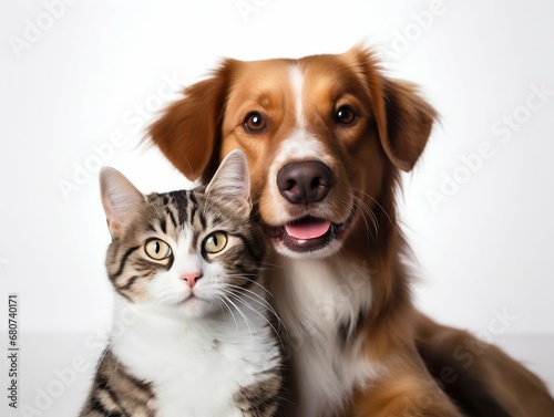 Animal Companionship  Happy Dog and Cat Together on White Background. Generative ai