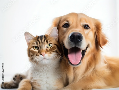 Animal Companionship: Happy Dog and Cat Together on White Background. Generative ai © Scrudje