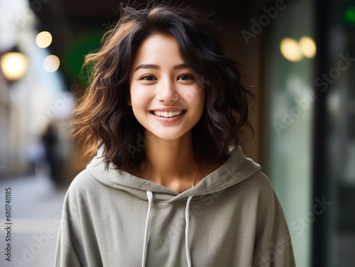 Beautiful portrait of happy asian girl on blur background