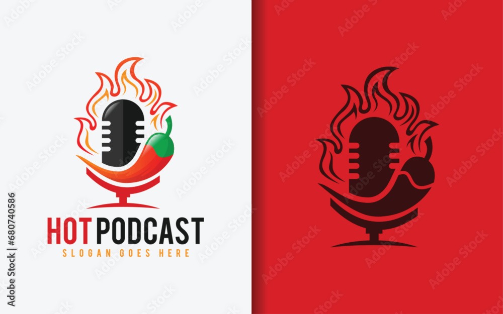 Hot Podcast Logo Design. Podcast Microphone Combined with Red Chili Peppers and Fire Design Concept.
