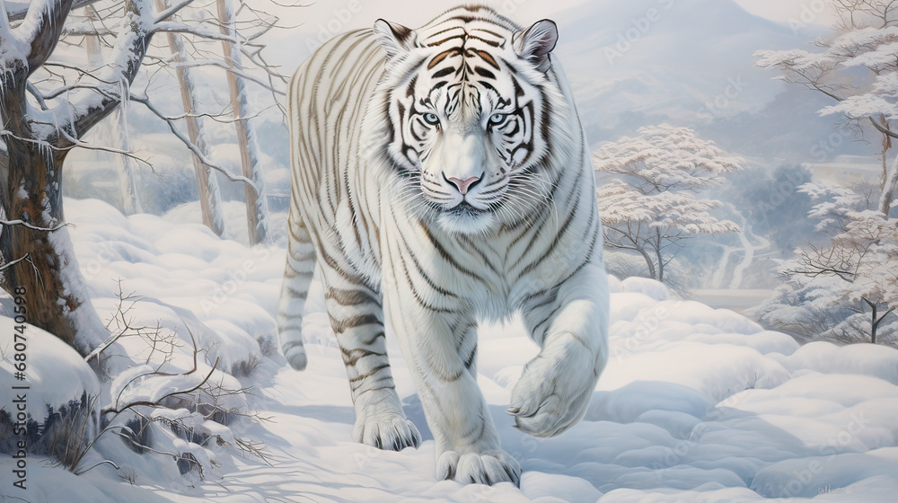 White tiger gracefully striding across a snowy landscape, a vision of elegance AI generative	
