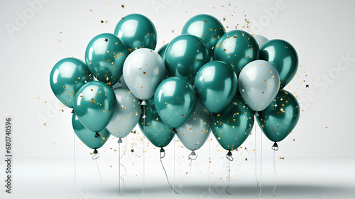 Turquoise and White Helium Balloons on White Background.