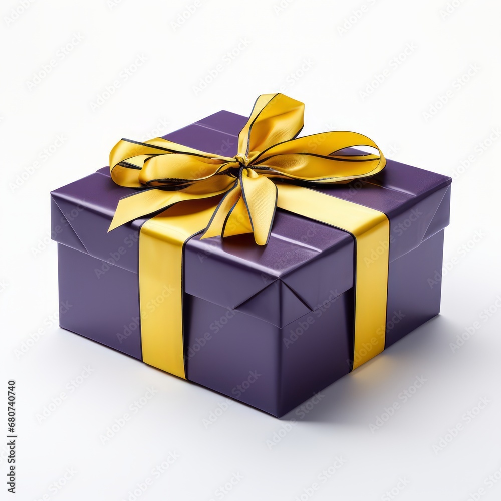Purple gift box with yellow ribbon isolated on white background