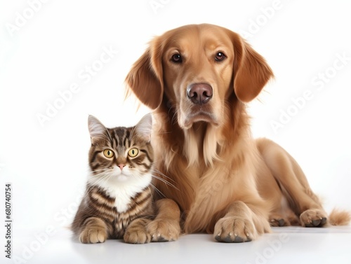 Animal Companionship  Happy Dog and Cat Together on White Background. Generative ai