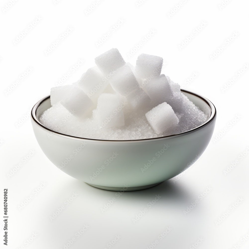 White Sugar Cubes in Bowl on White Background White Sugar Cubes in Bowl on White Background