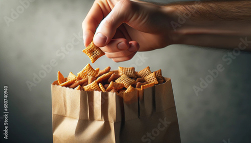 Hand grabbing Chex mix snack from paper bag 