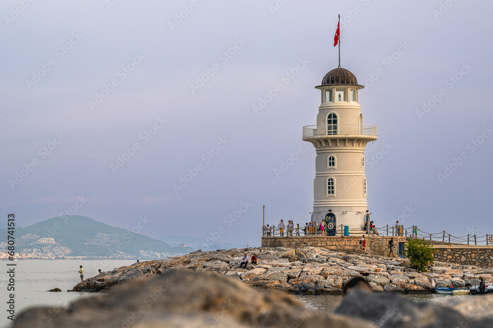 Naklejka premium Lighthouse and Marina in Alanya, Turkish Riviera on Mediterranean Coast, Antalya, Turkey