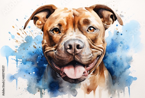 watercolor canvas painting of the pit bull dog, strong facial expression, light brown and white, heavy shading