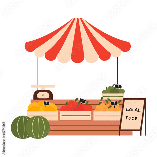 Street food market booth with fruits vector flat illustration. Outdoor market stall. Street festival.